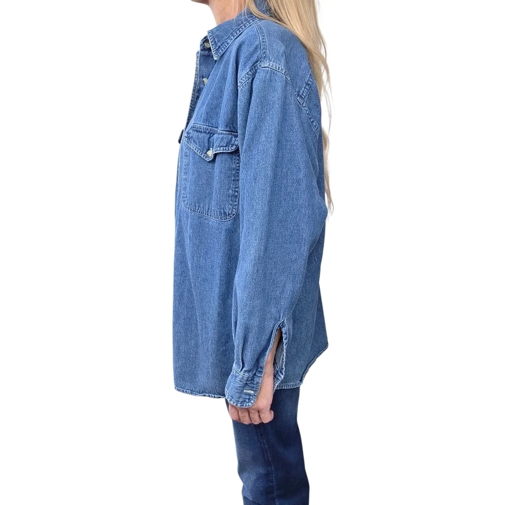 Terra Oversized Denim Button Up Shirt 100% Cotton Blue Size L